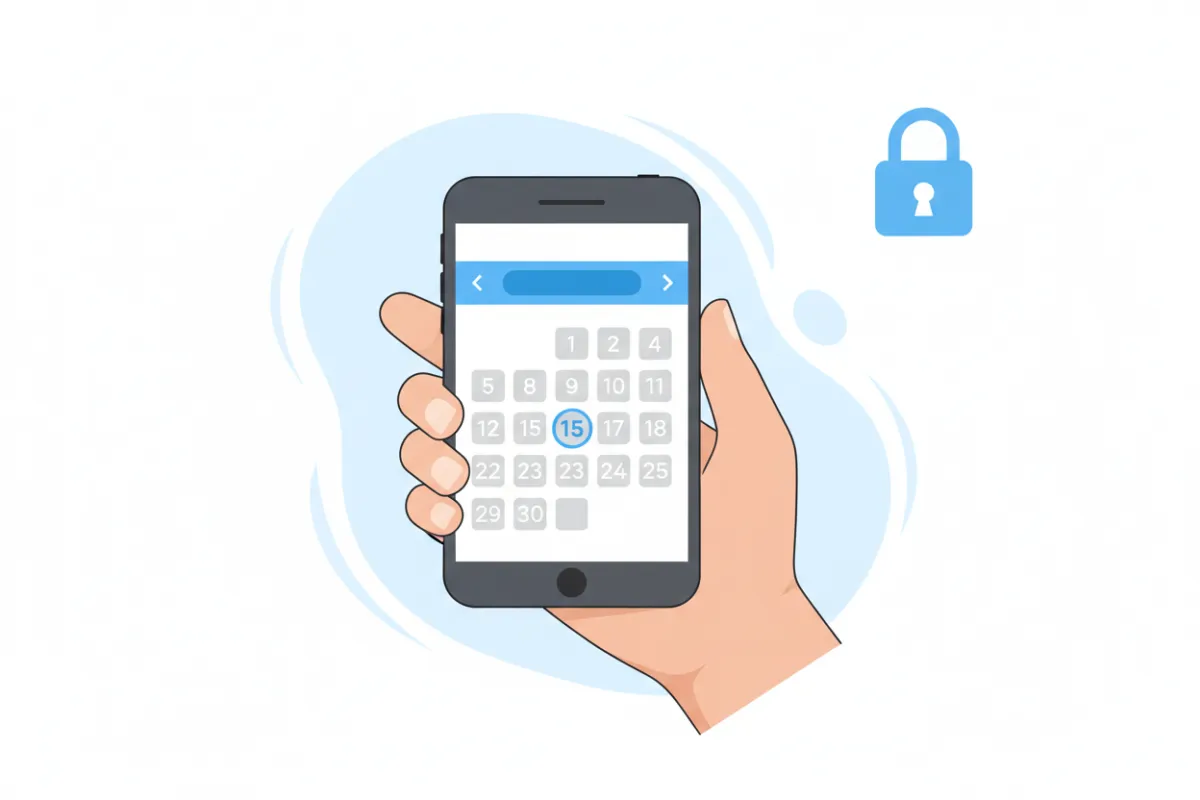 A hand holding a smartphone with a calendar app open, highlighting a selected date. A subtle lock icon symbolizes confidentiality and security.