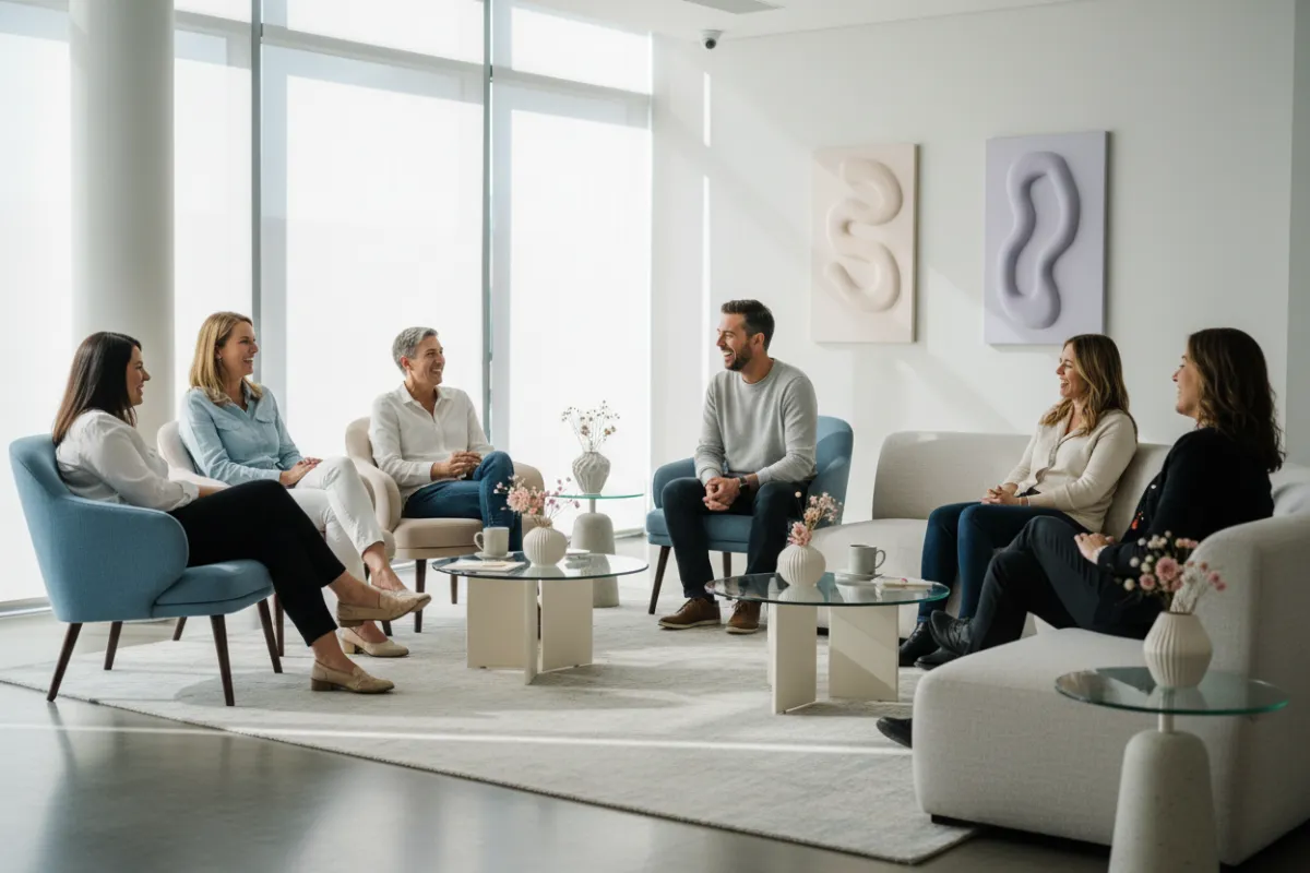 A diverse group of adults in a bright, modern lounge, smiling and conversing, with soft blue and pastel accents, conveying warmth, trust, and positive transformation.