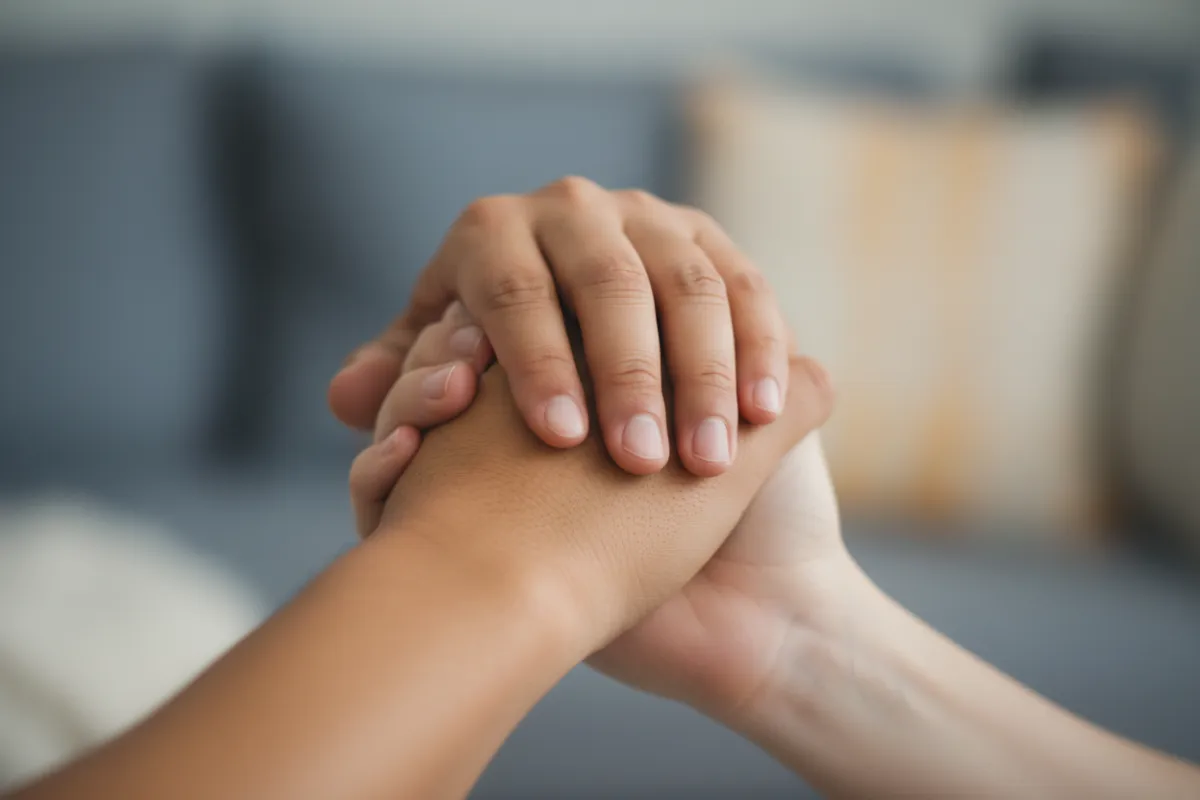 A gentle close-up of hands offering support, one hand resting on another, with soft blue and neutral tones, symbolizing empathy, care, and the beginning of a healing journey.
