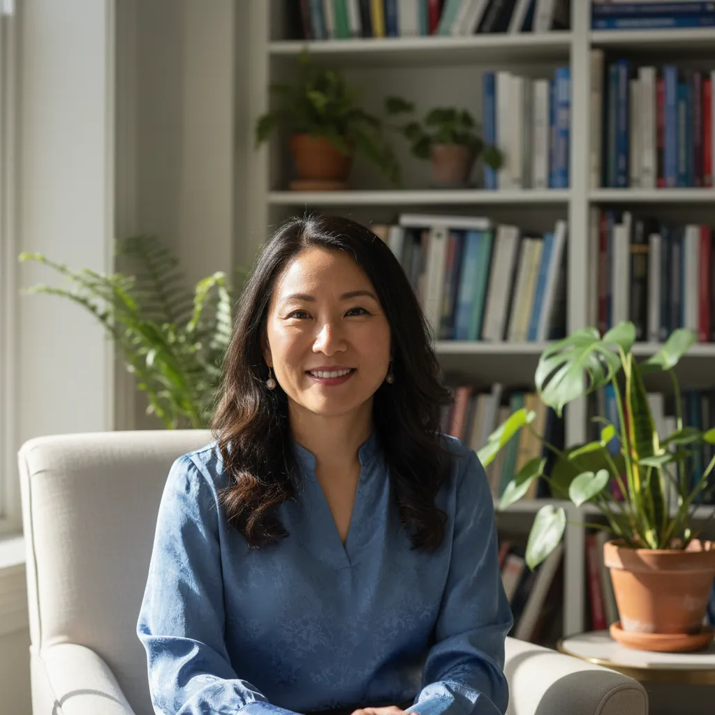 Portrait of Dr. Maya Chen, an Asian-American woman in her 40s, smiling warmly, wearing a soft blue blouse, seated in a sunlit office with books and plants in the background.