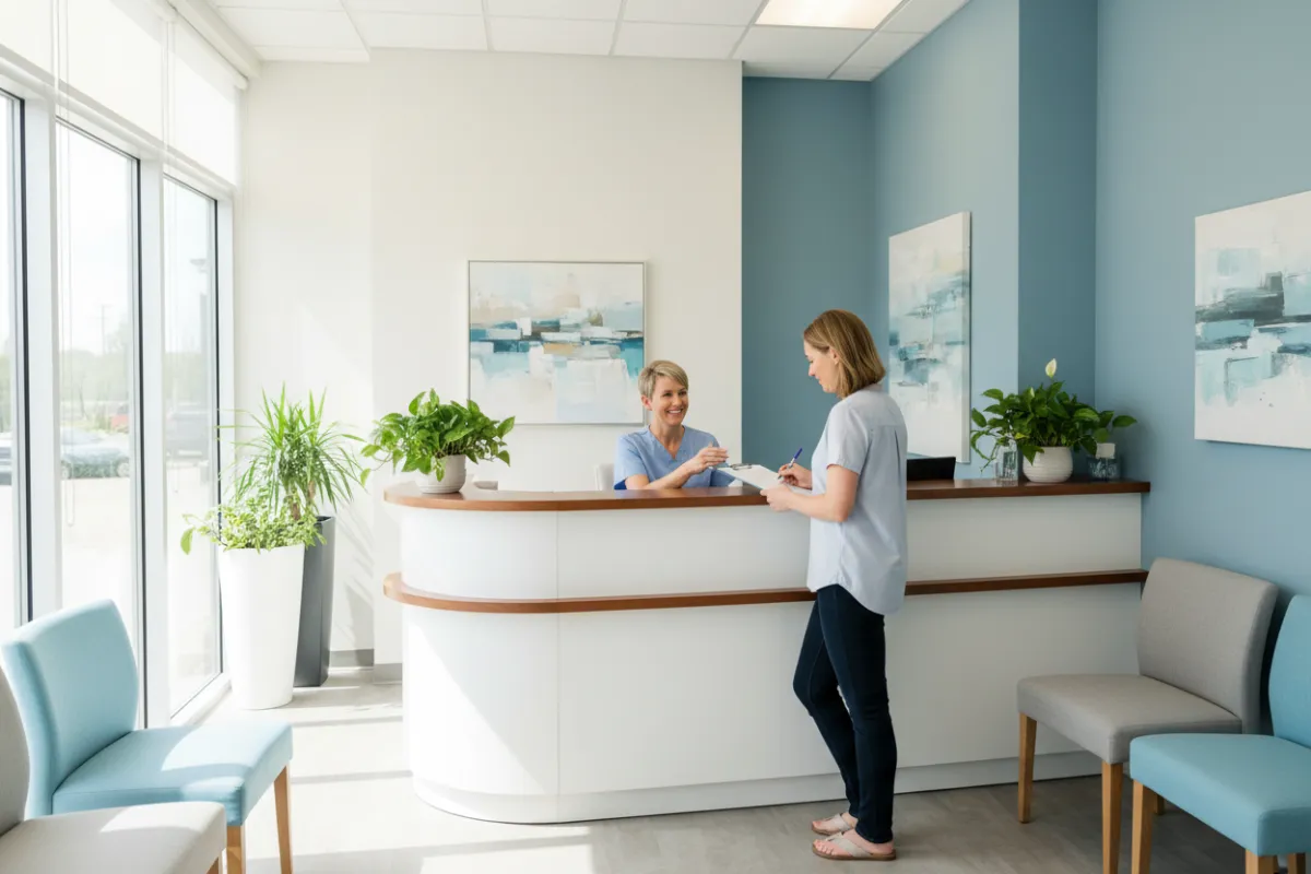 A bright, welcoming clinic reception area with a modern desk, a smiling receptionist, and a patient filling out a form. The background features soft blue and white tones, potted plants, and natural daylight streaming through large windows. The scene conveys approachability and professionalism, with a calm, inviting atmosphere.