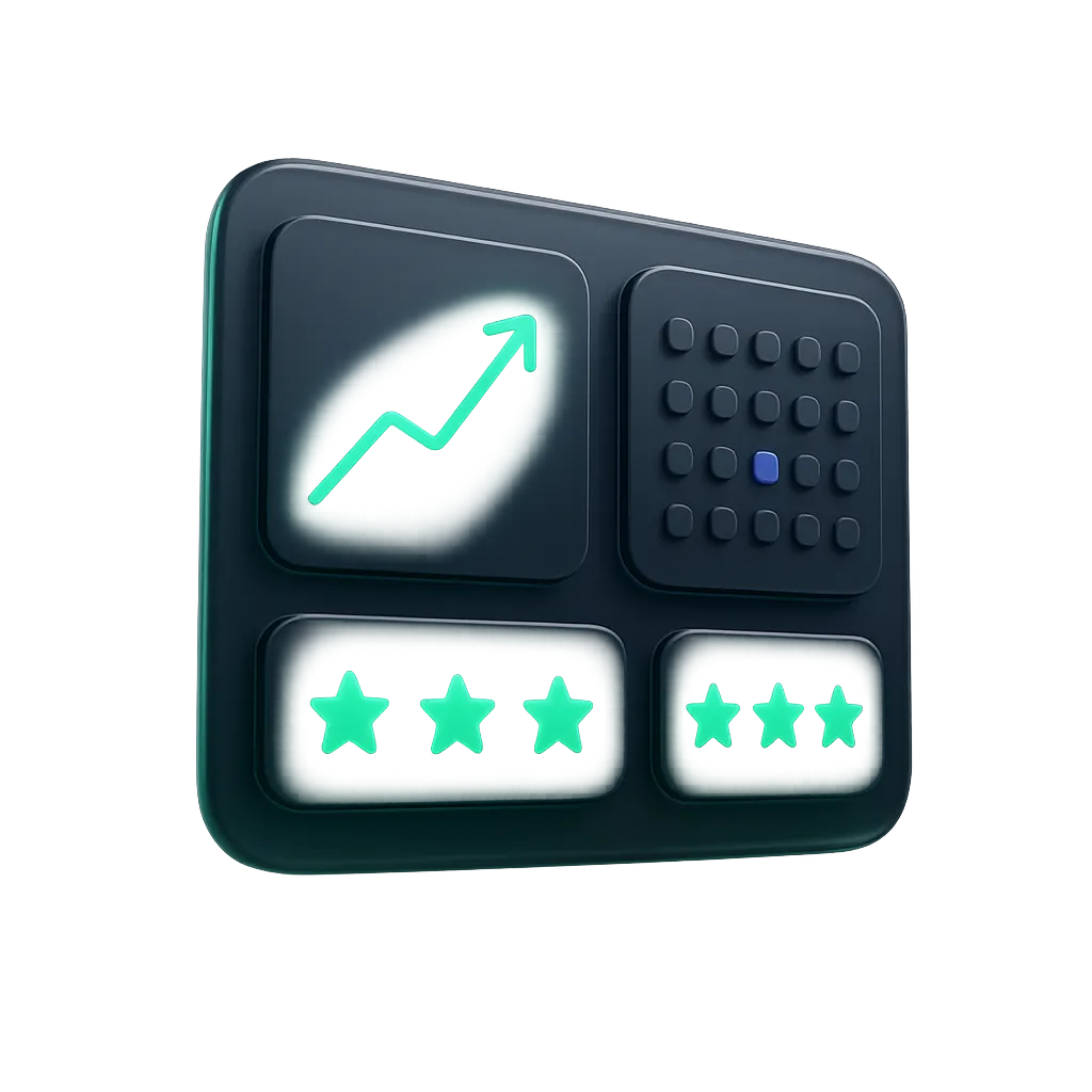 Dashboard visual showing upward growth metrics and 5-star reviews