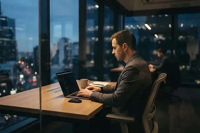 Entrepreneur working on a laptop in a high-rise office at twilight