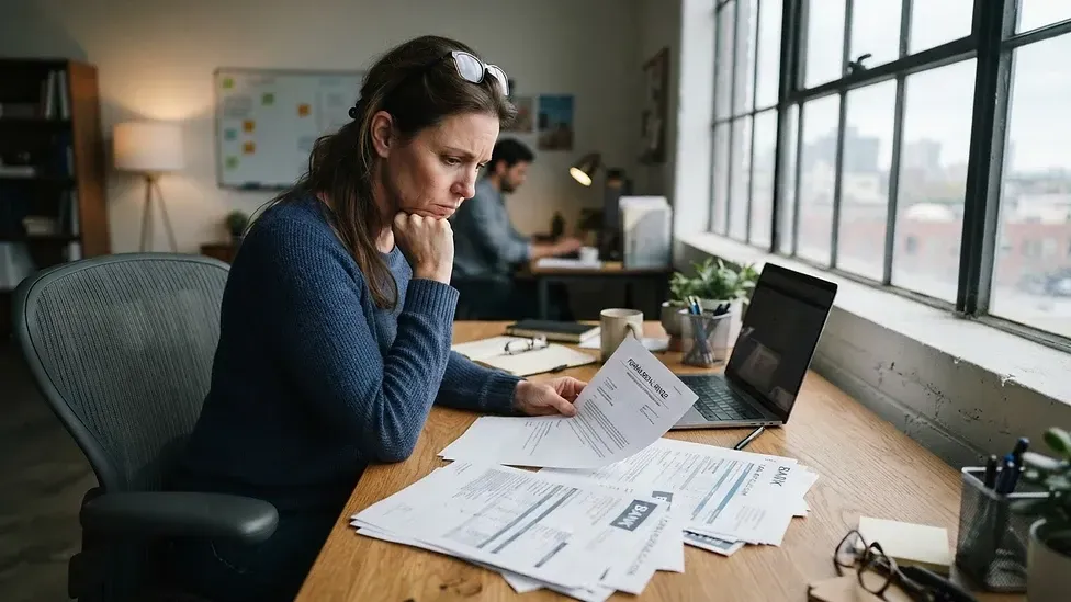 Business owner reviewing a loan denial letter at a desk in a modern office