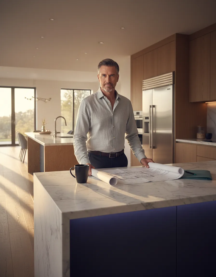 Homeowner reviewing renovation plans in bright natural light