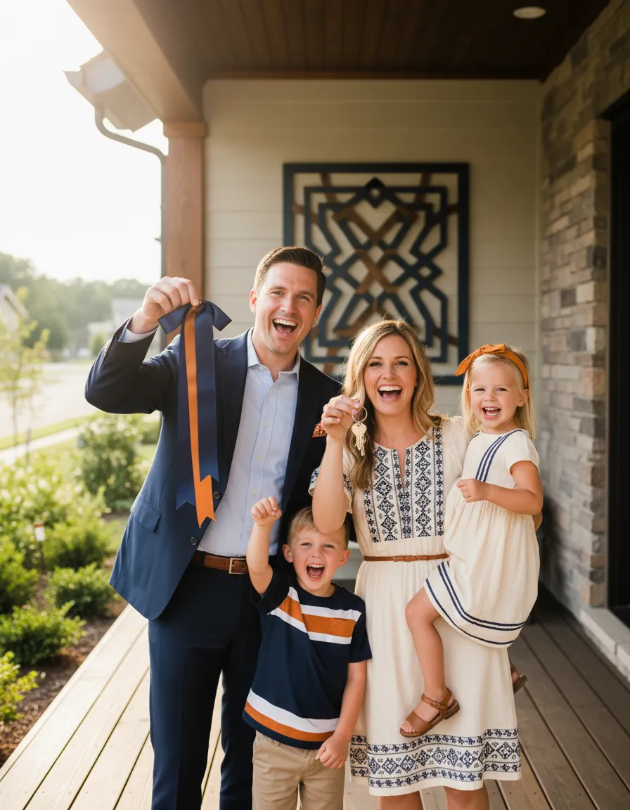 Aspirational family holding house keys in front of their new home