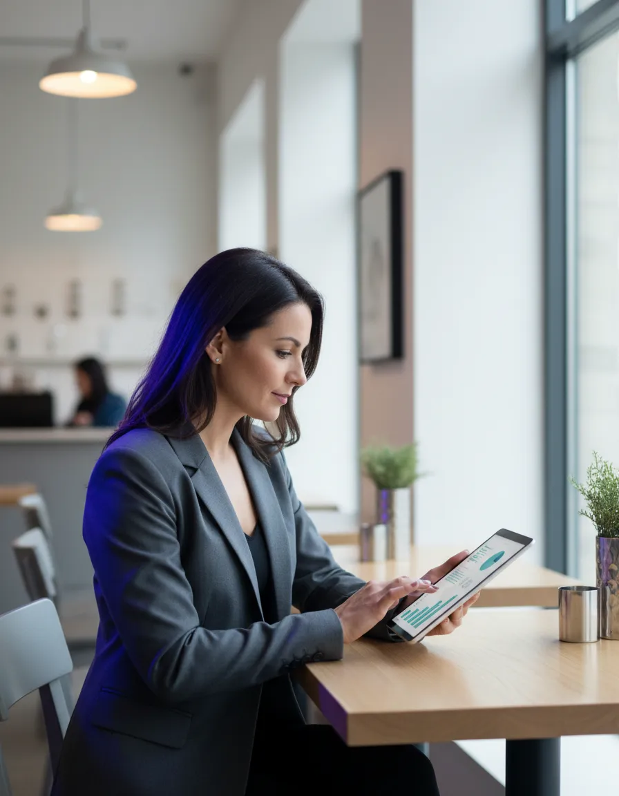 Small business owner in a modern cafe managing finances