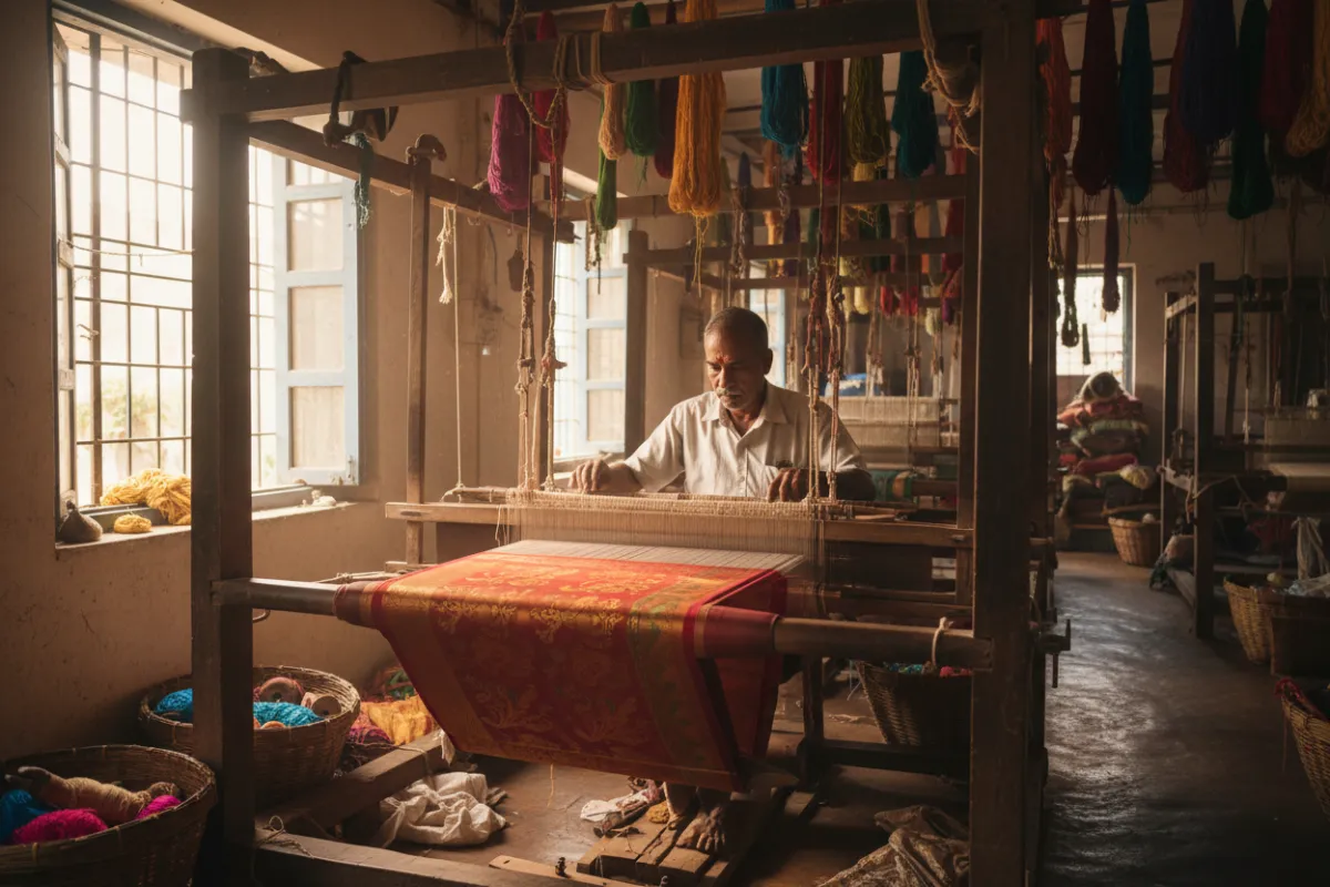 Artisan weaving a Narayanapeth saree