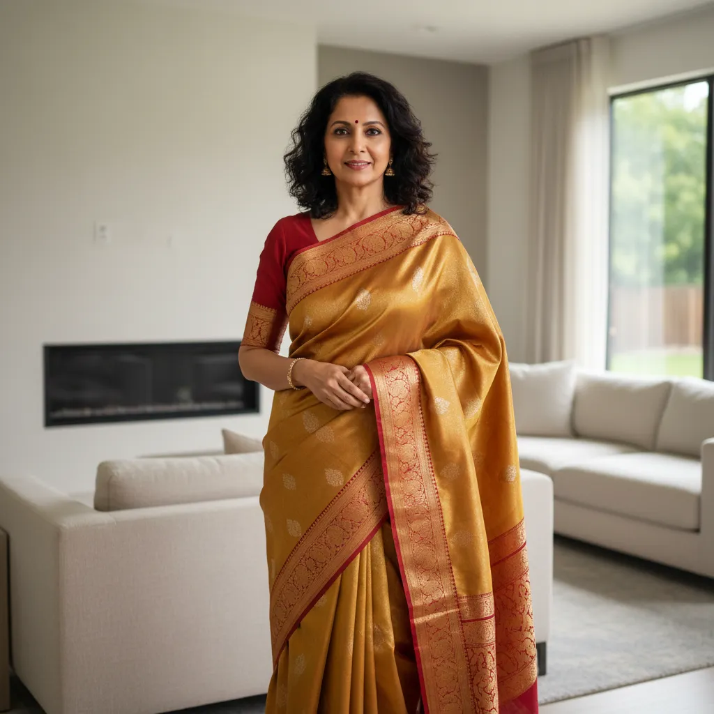 Maria from USA in a gold Narayanapeth saree, posing in a modern American home.