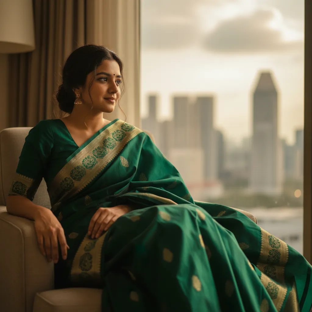 Priya from Singapore in a green Narayanapeth saree, seated by a window with Singapore’s skyline.