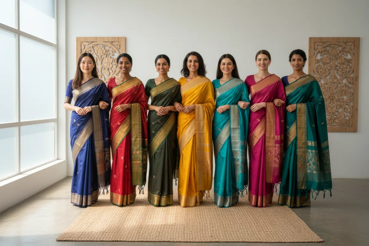A vibrant editorial photograph of a diverse group of women from different continents, each elegantly draped in a unique Narayanapeth saree, standing together in a sunlit, modern studio with subtle Indian motifs. The composition highlights the sarees’ intricate borders and rich colors, symbolizing global unity and cultural appreciation.
