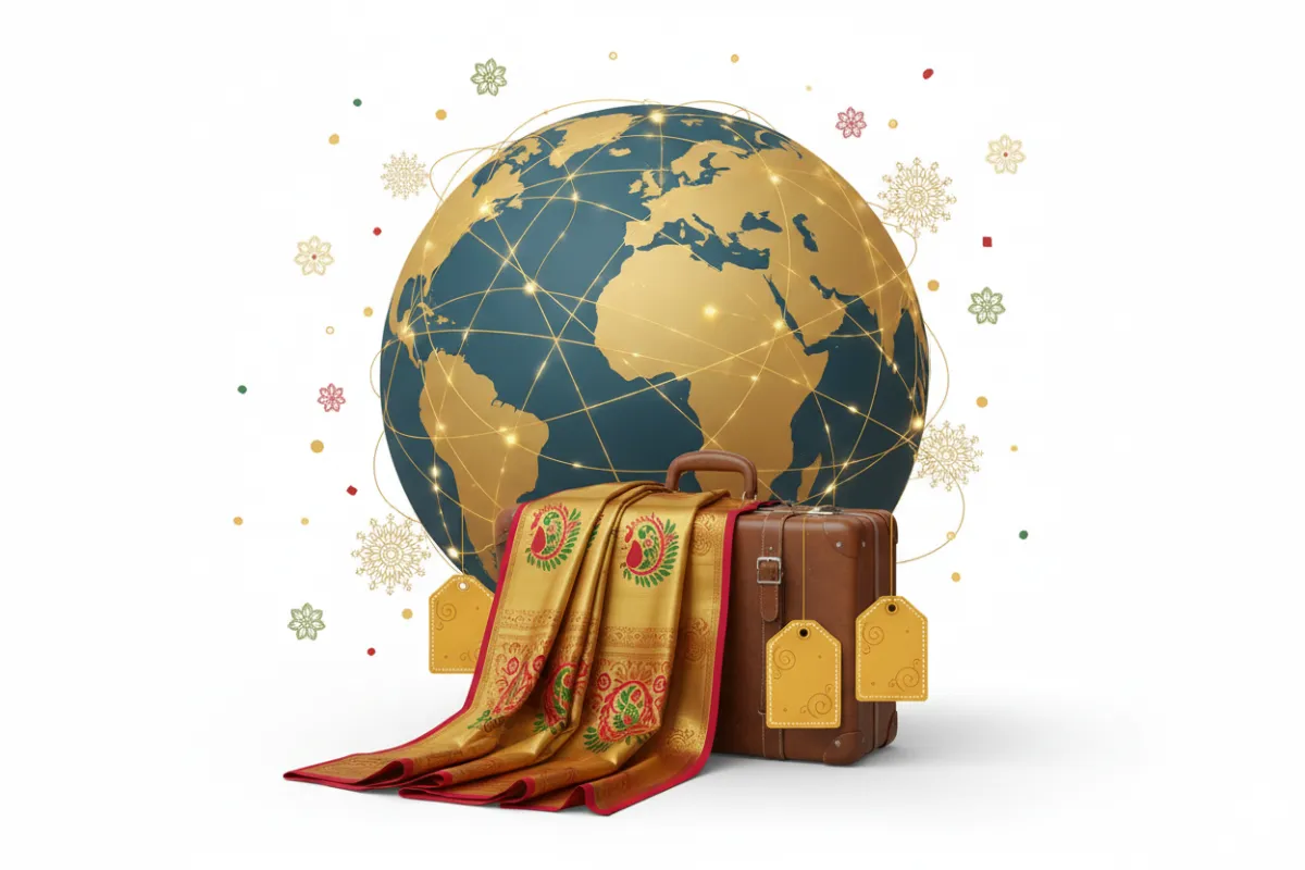 A promotional graphic featuring a stylized globe with golden threads weaving around it, symbolizing international reach. The foreground displays a Narayanapeth saree draped over a suitcase, with discount tags and festive motifs, set against a clean white background.