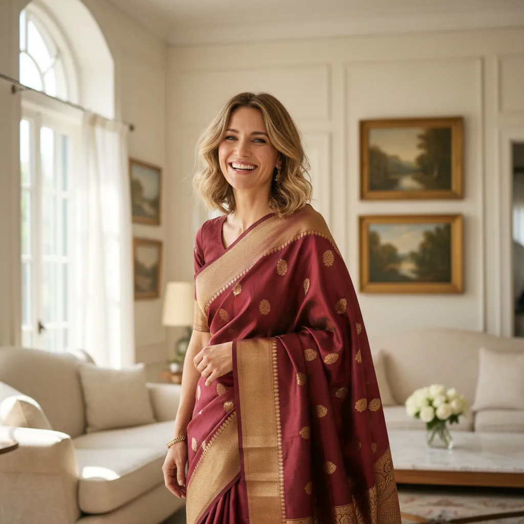 Anna from Germany in a maroon Narayanapeth saree, smiling in a bright living room.