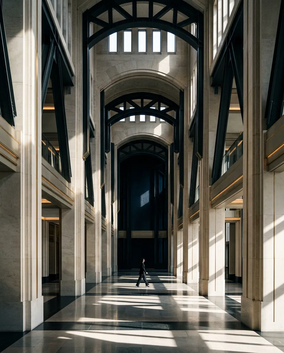 Sovereign institutional architecture showing classical symmetry and brutalist precision in natural daylight
