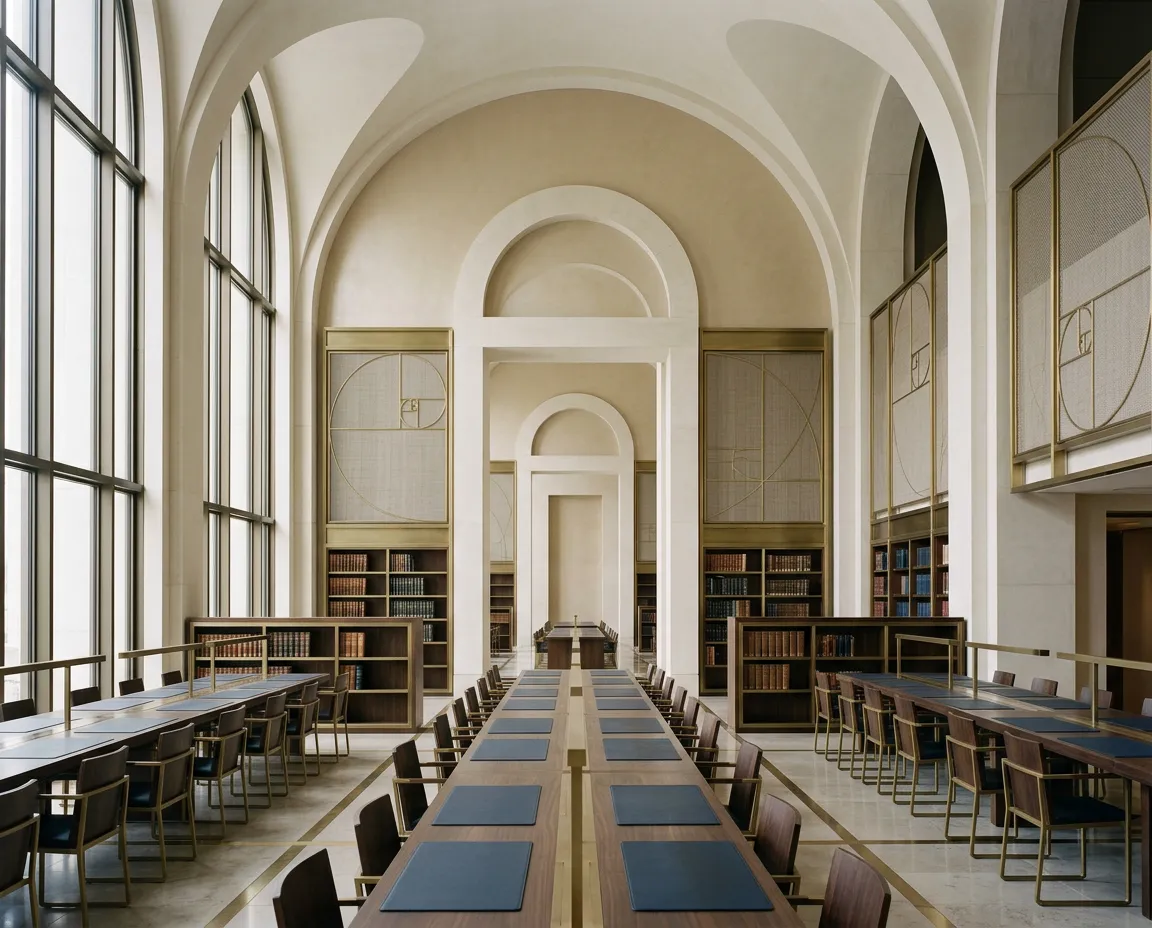 Bright institutional architectural interior in ivory, champagne, stone and muted gold tones with subtle geometric patterning; cinematic editorial style.