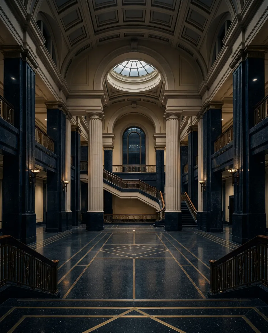 Elegant institutional architecture artwork in dark navy and cream tones