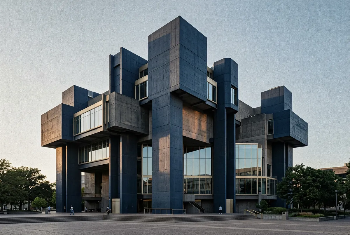 Monolithic brutalist glass and steel civic infrastructure development
