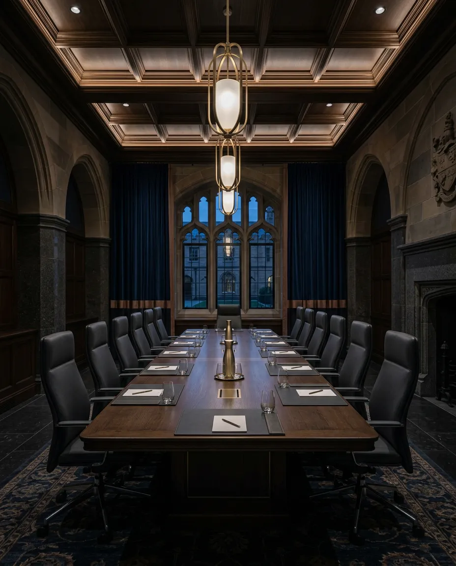 Low-key architectural photography of executive boardroom and heritage institutional headquarters