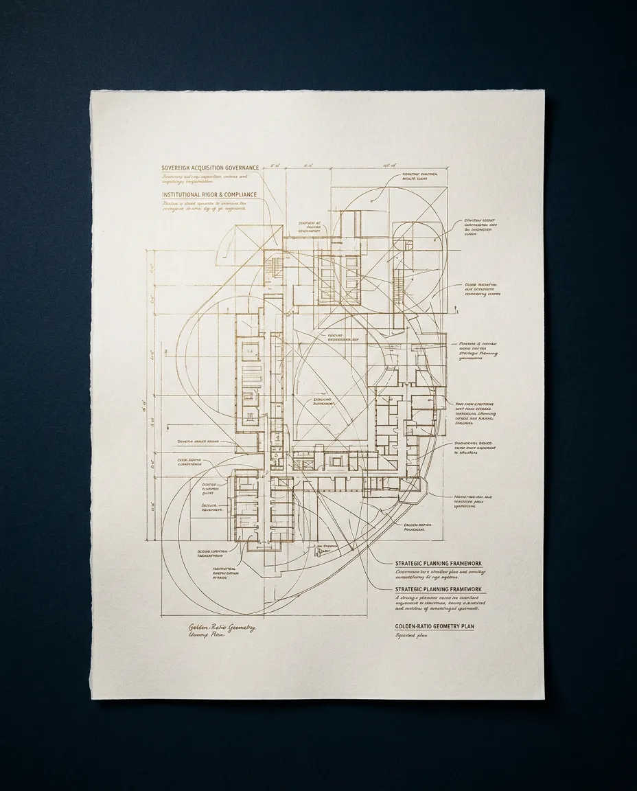 Architectural plan with golden-ratio geometry representing institutional acquisition governance