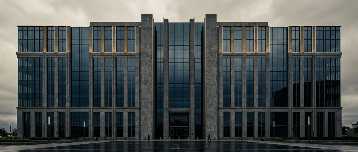 Monumental architectural facade composed of honed stone and high-precision glass reflecting institutional authority