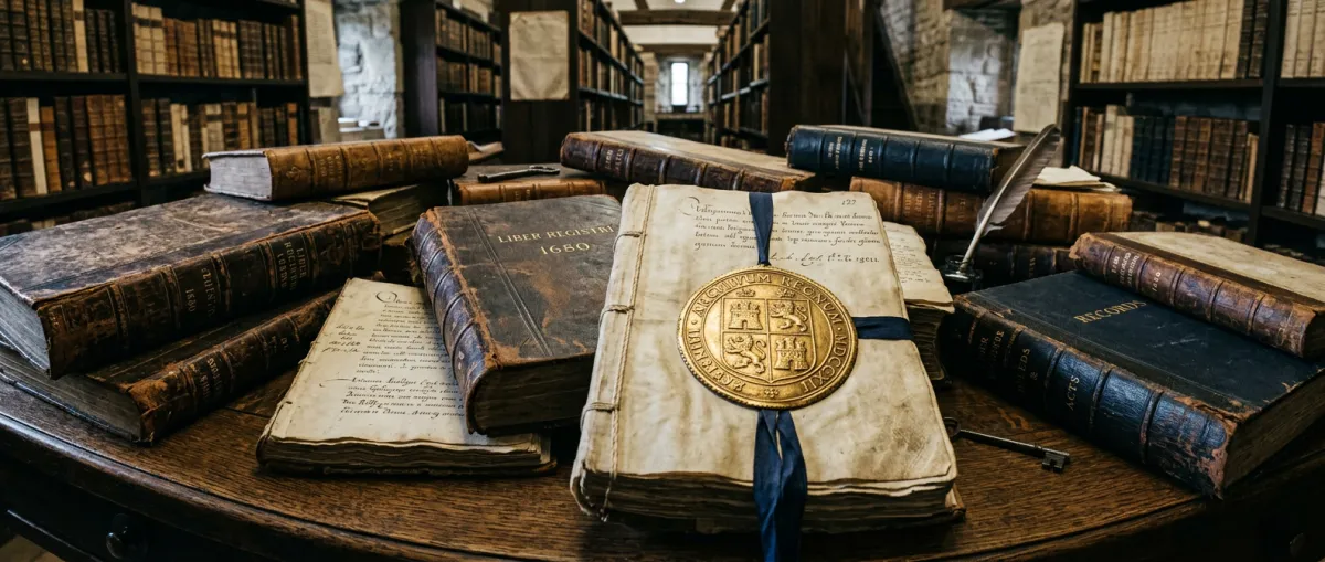 Archival institutional parchment and leather-bound legal settlement register with embossed gold seal