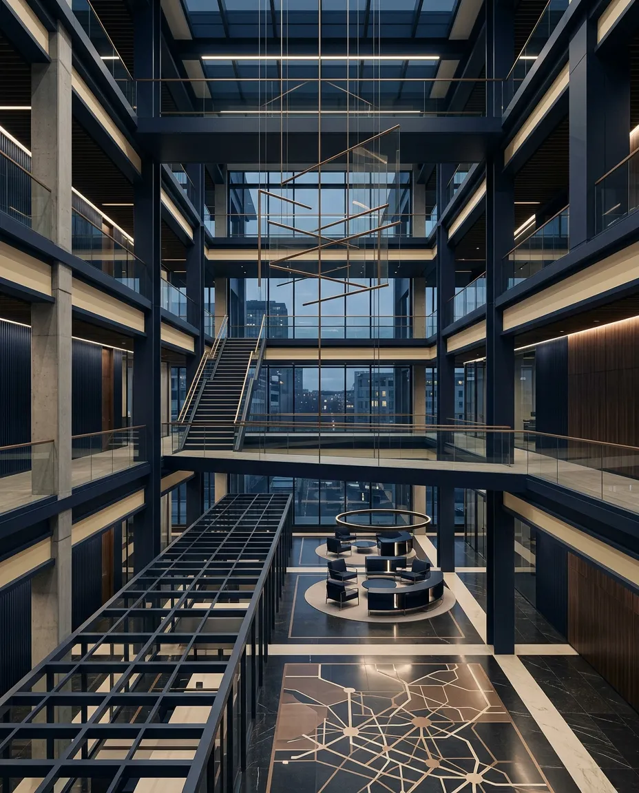 Cinematic institutional professional infrastructure artwork in dark navy and cream tones