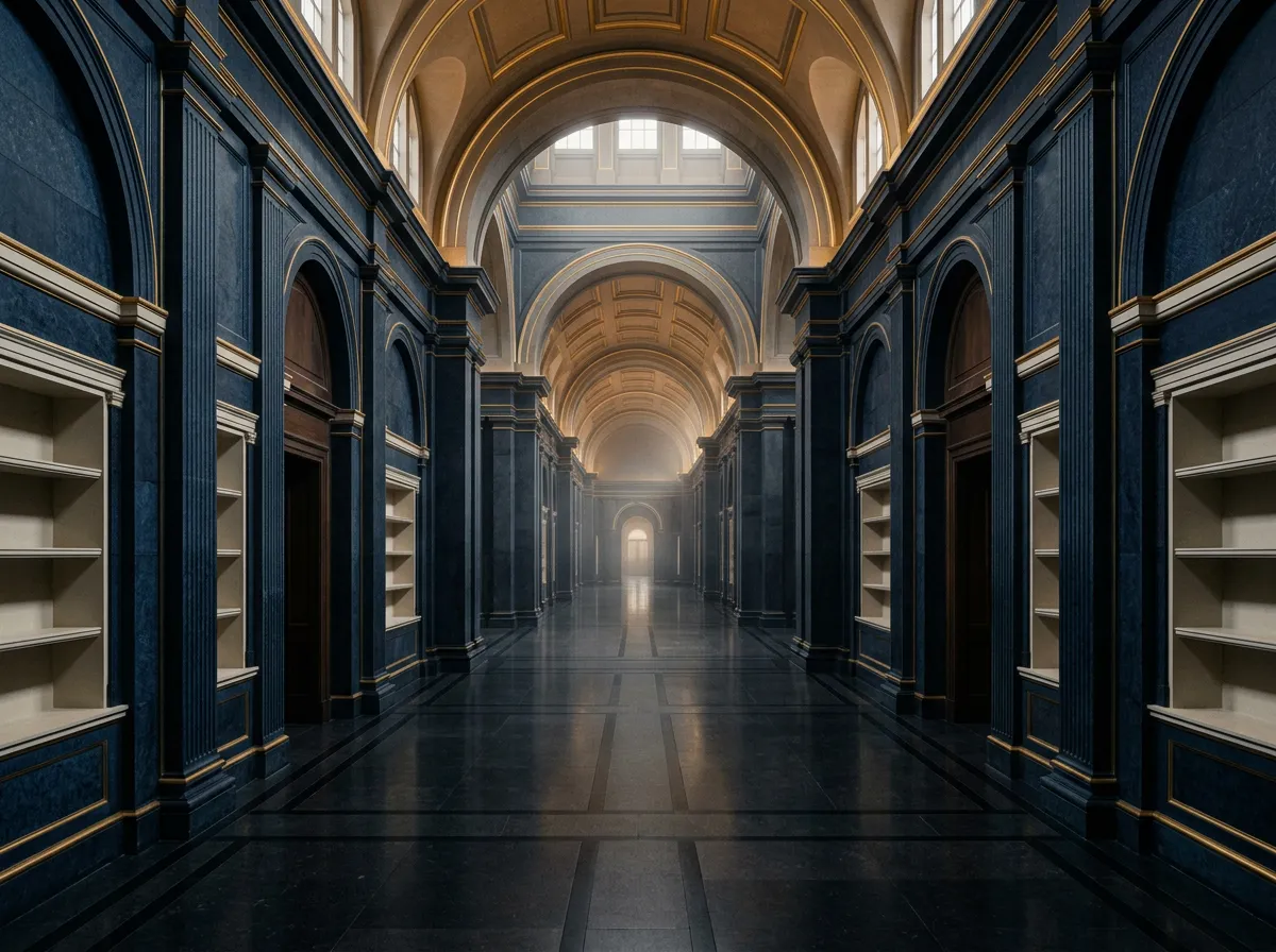 Monumental institutional corridor exhibiting architectural depth and structural precision