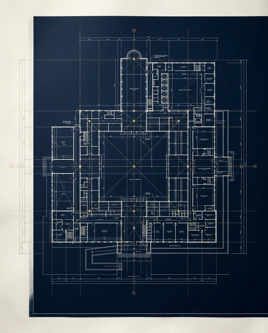 Abstract architectural plan blueprint with geometric golden ratio overlays and multi-jurisdictional grid lines