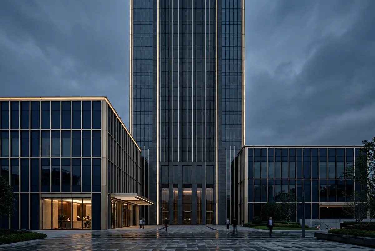 Sleek geometric skyscraper and international style financial pavilion facade