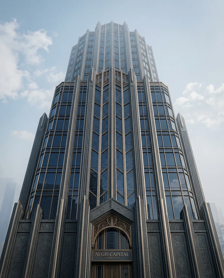 Sovereign financial district architectural facade with geometric glass lattice and engraved metallic detailing
