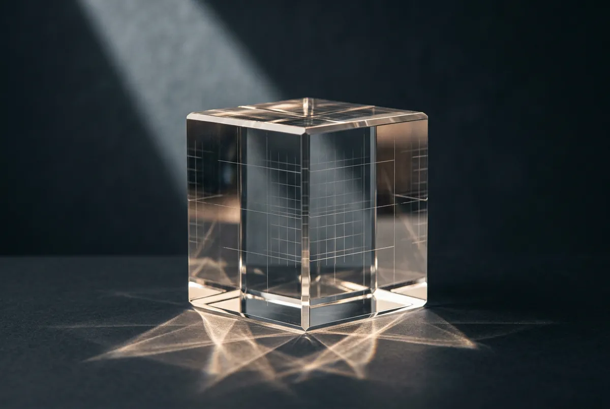 Macro photograph of heavy optical glass refraction conveying institutional transparency and analytical clarity