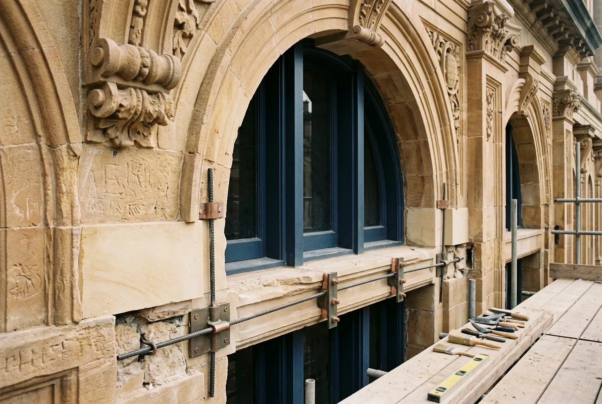 Architectural structural engineering and heritage stone conservation facade