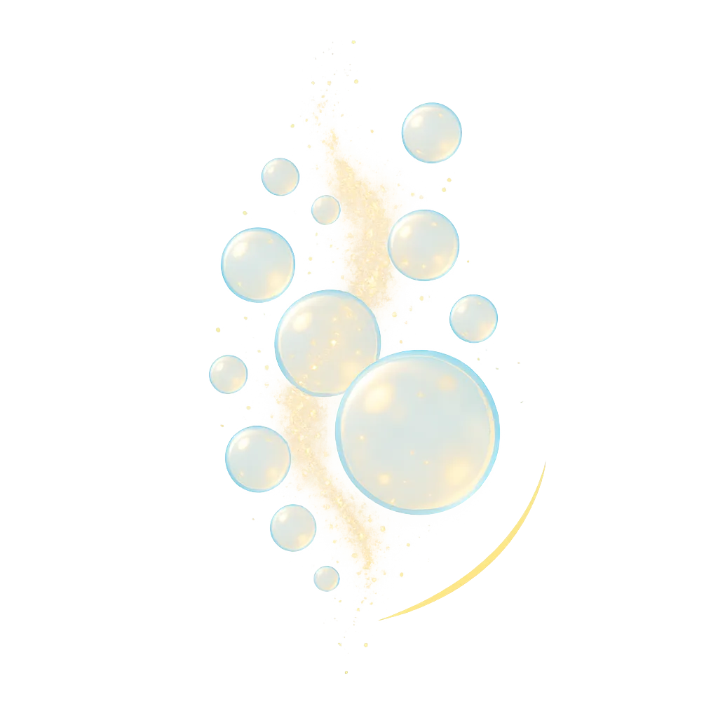 Floating bubbles and gold sparkle particles over a soft Miami gradient