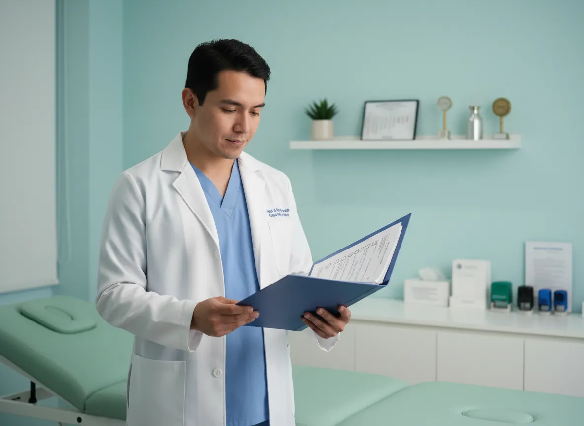 Profesional de acupuntura revisando documentos de cumplimiento normativo en consultorio