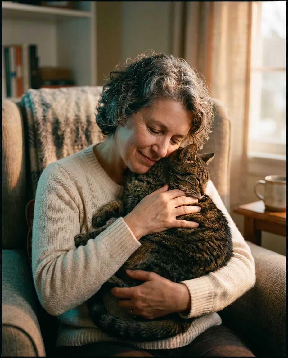 Loving pet owner holding and comforting a senior cat resting calmly in gentle morning light