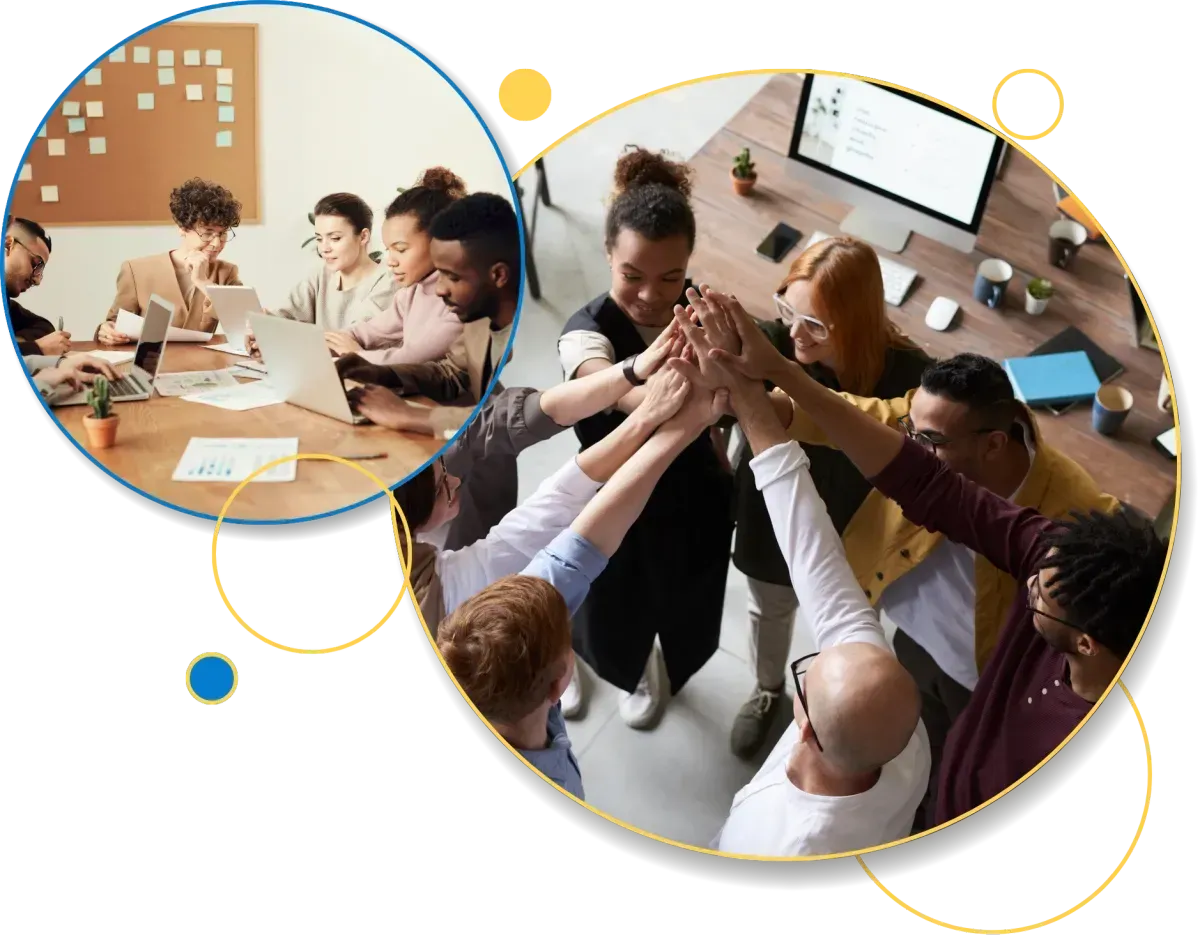 Circular collage of people in a meeting