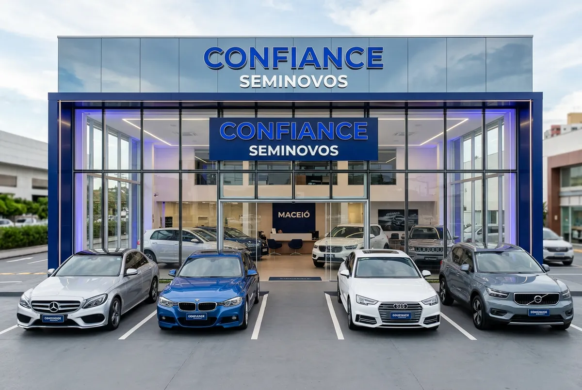 Fachada moderna da unidade Confiance Seminovos no Auto Shopping Maceió