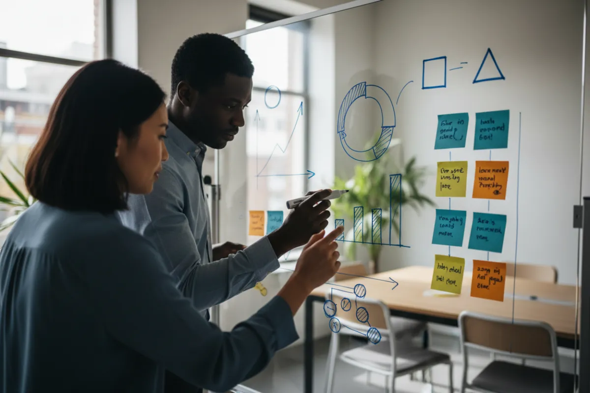 Two strategists collaborate over a whiteboard in a bright meeting room, mid-30s diverse professionals, natural daylight, candid photorealistic style focused on charts and sticky notes that suggest measurable marketing plans.