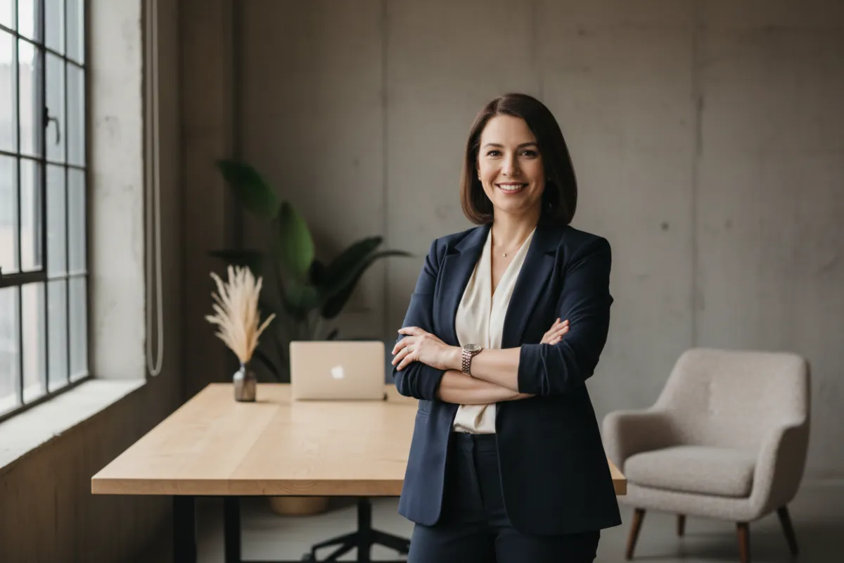 Portrait-style editorial photograph of a confident marketing consultant standing in a modern creative studio