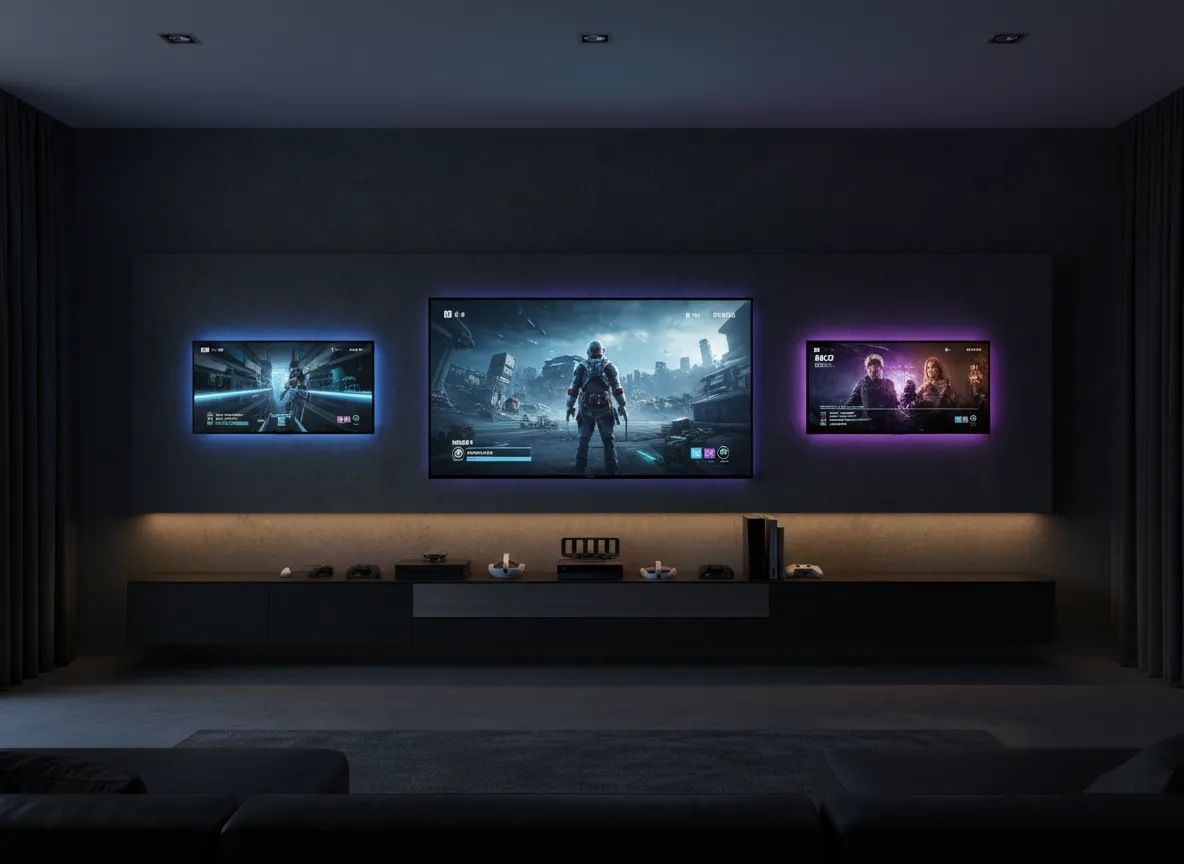 Living room with multi-TV gaming and movie setup