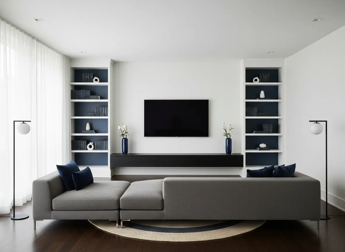 Residential living room wall-mounted TV with hidden cables