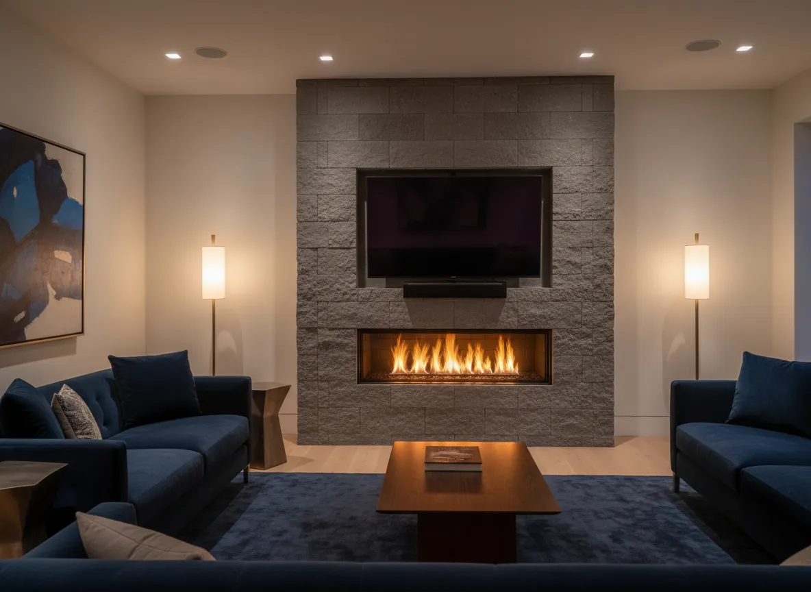 TV mounted above a modern fireplace with cable management