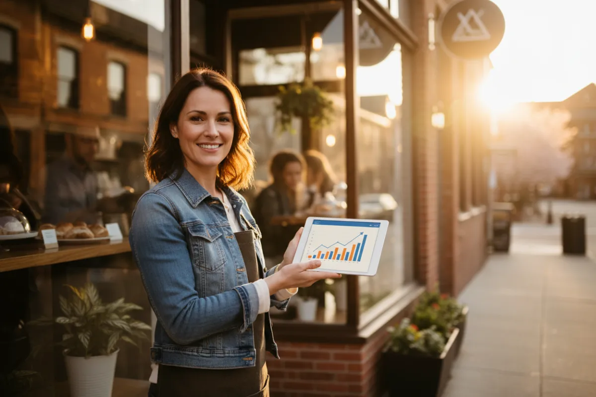 A confident small-business owner stands at the storefront holding a tablet displaying analytics charts; golden-hour light, candid photorealistic style, warm tones and shallow depth-of-field, composition suggests trust and measurable growth.
