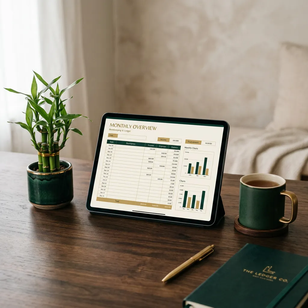Warm minimalist workspace with bamboo plant, clean accounting ledger on screen, and natural wood textures