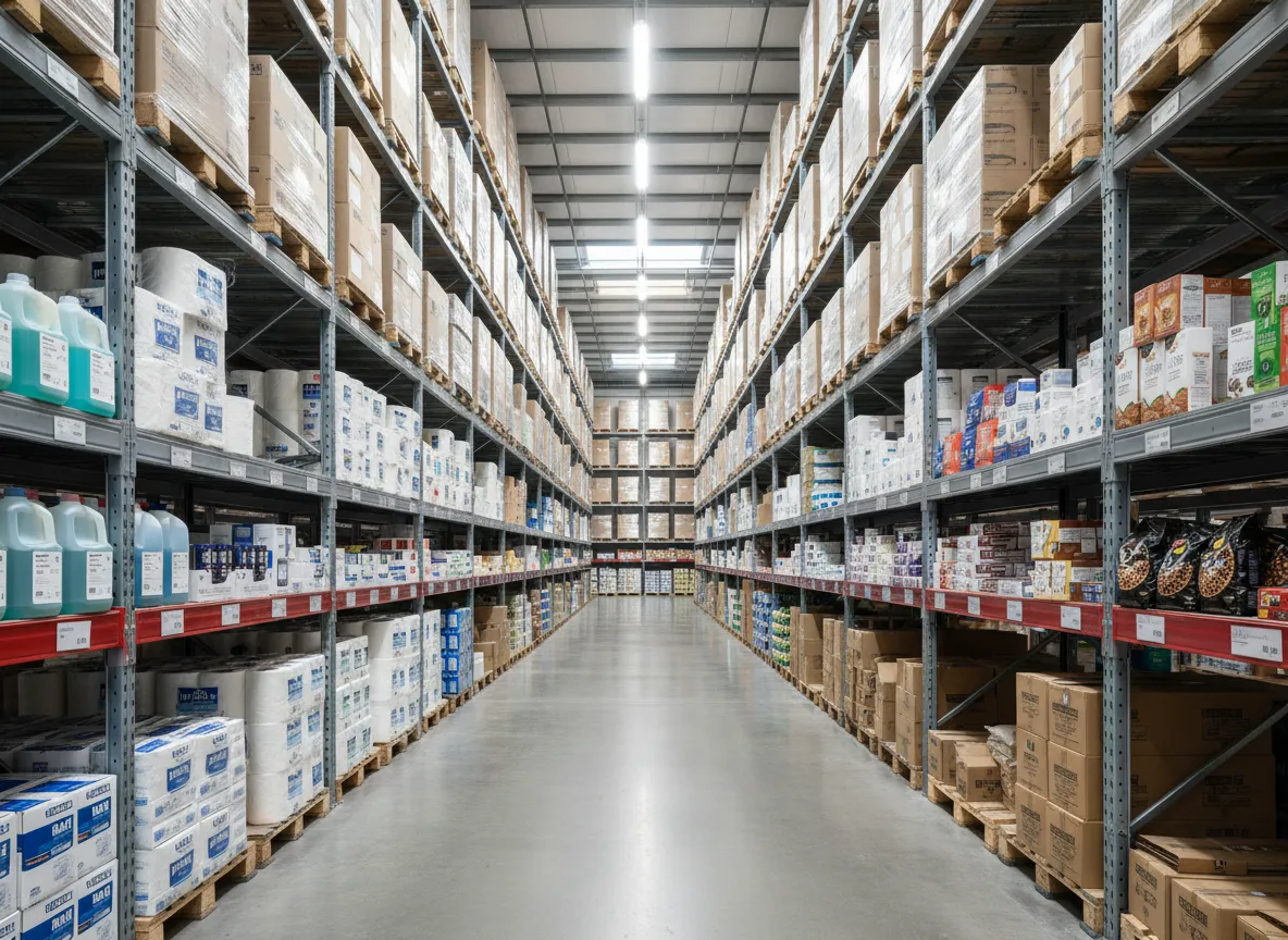 Assorted household supplies neatly organized in warehouse shelves