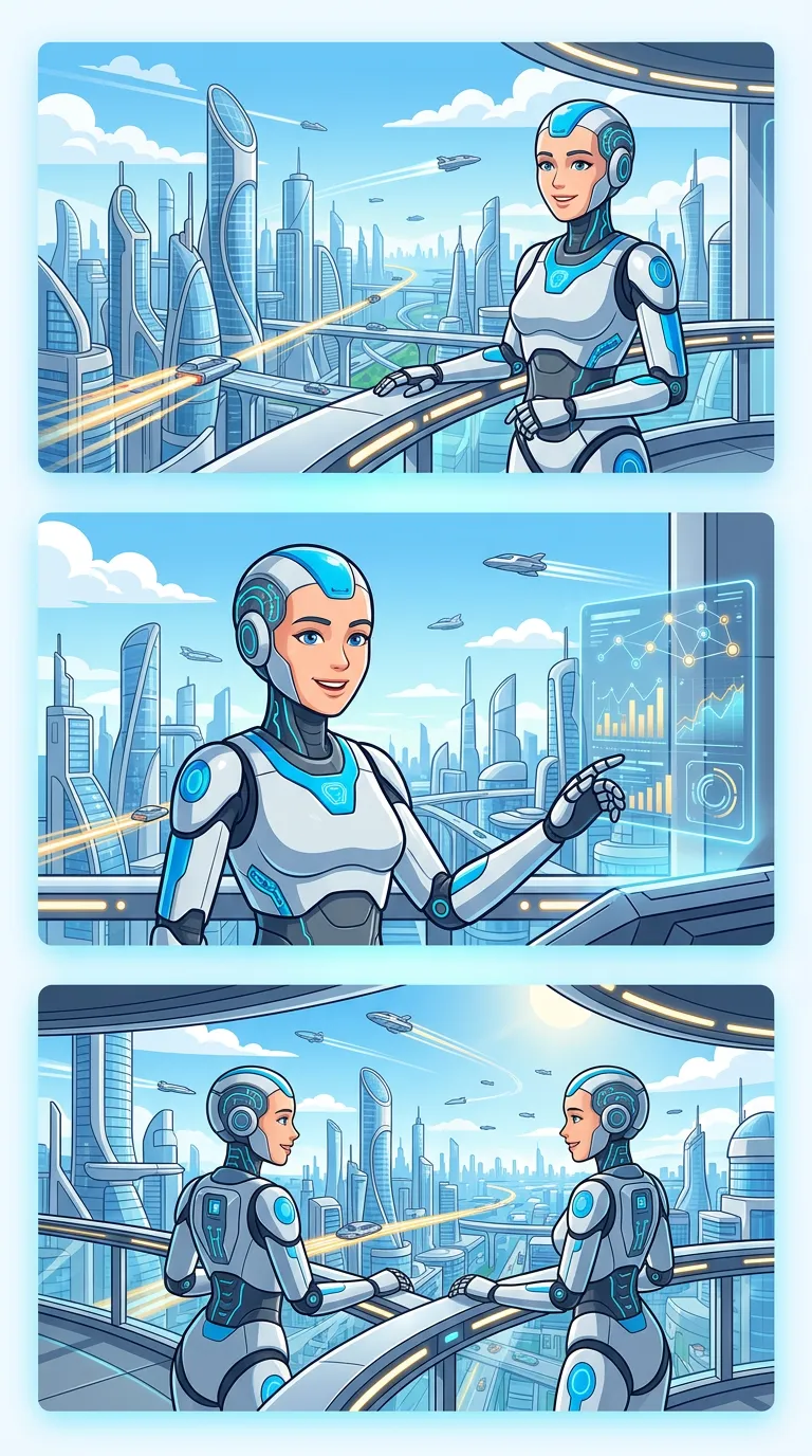 Portrait illustration of the same female robot character with white and blue armor, smiling and looking out from a balcony over a highly detailed, bright futuristic city with flying vehicles.