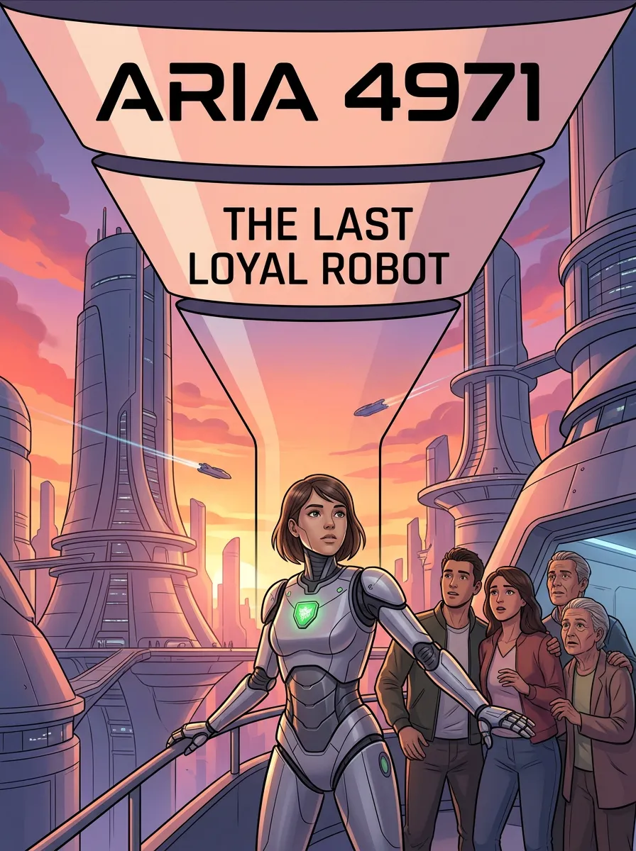 Sci-fi book cover for 'ARIA 4971: THE LAST LOYAL ROBOT' showing a young female robot with a glowing green chest badge standing heroically in front of a group of humans with a towering futuristic city at sunset in the background.