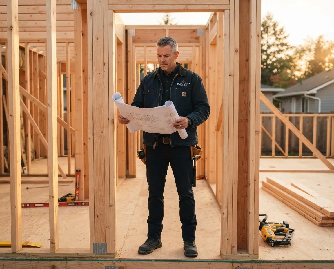 Kelly Wall licensed general contractor inspecting framing on a Randolph County job site