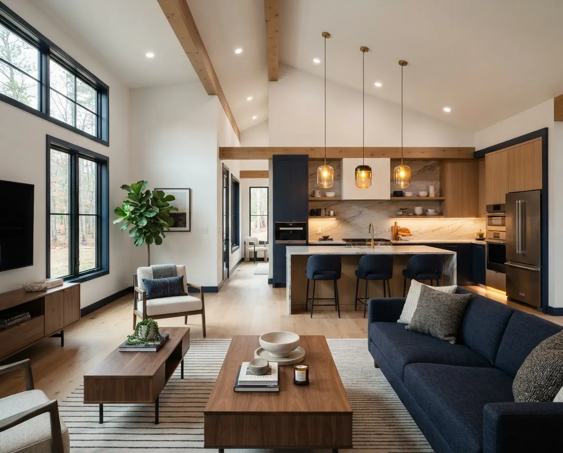 Spacious modern modular home interior showcasing open-concept living room and kitchen