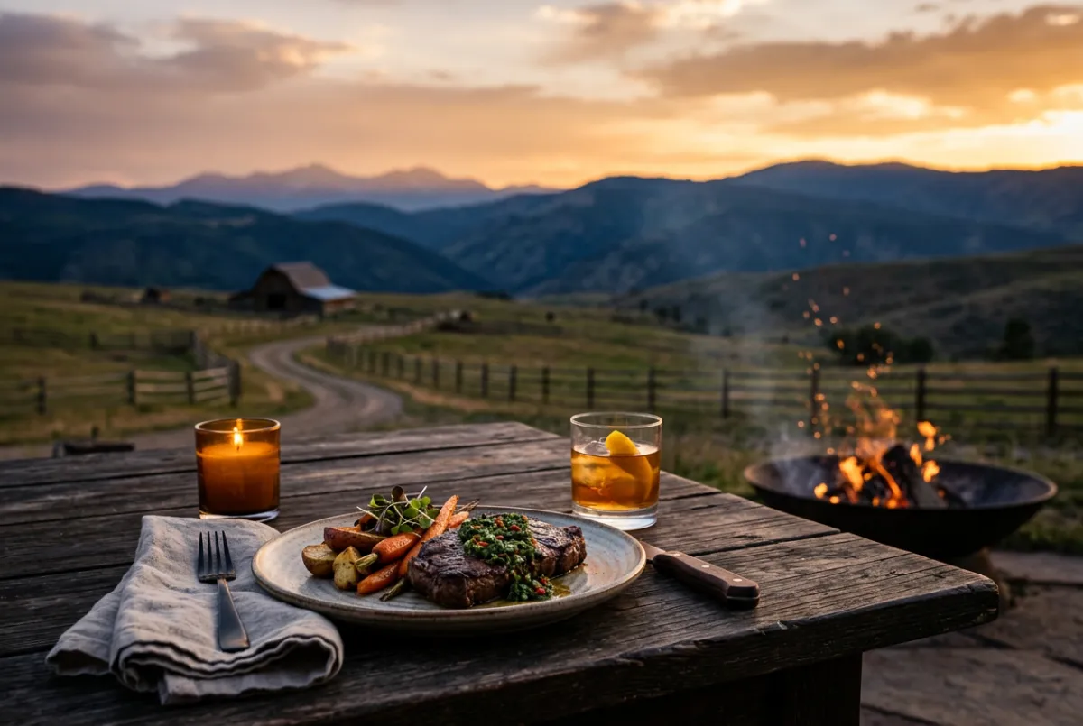 Sunset championship cook-off final on the ranch with glowing fire pits